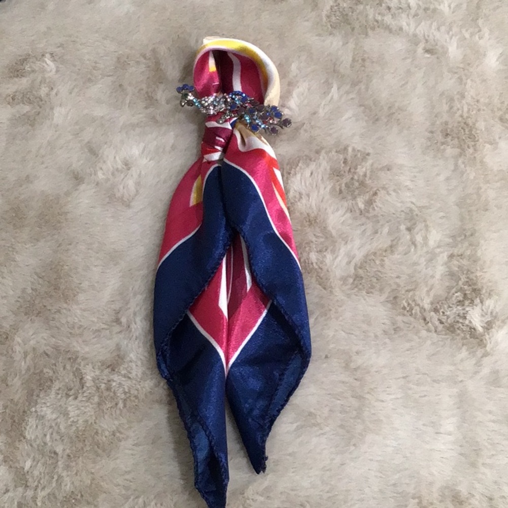 Bag Swag in Pink, Blue, Yellow Scarf with Peacock Pin in multicolored Stones